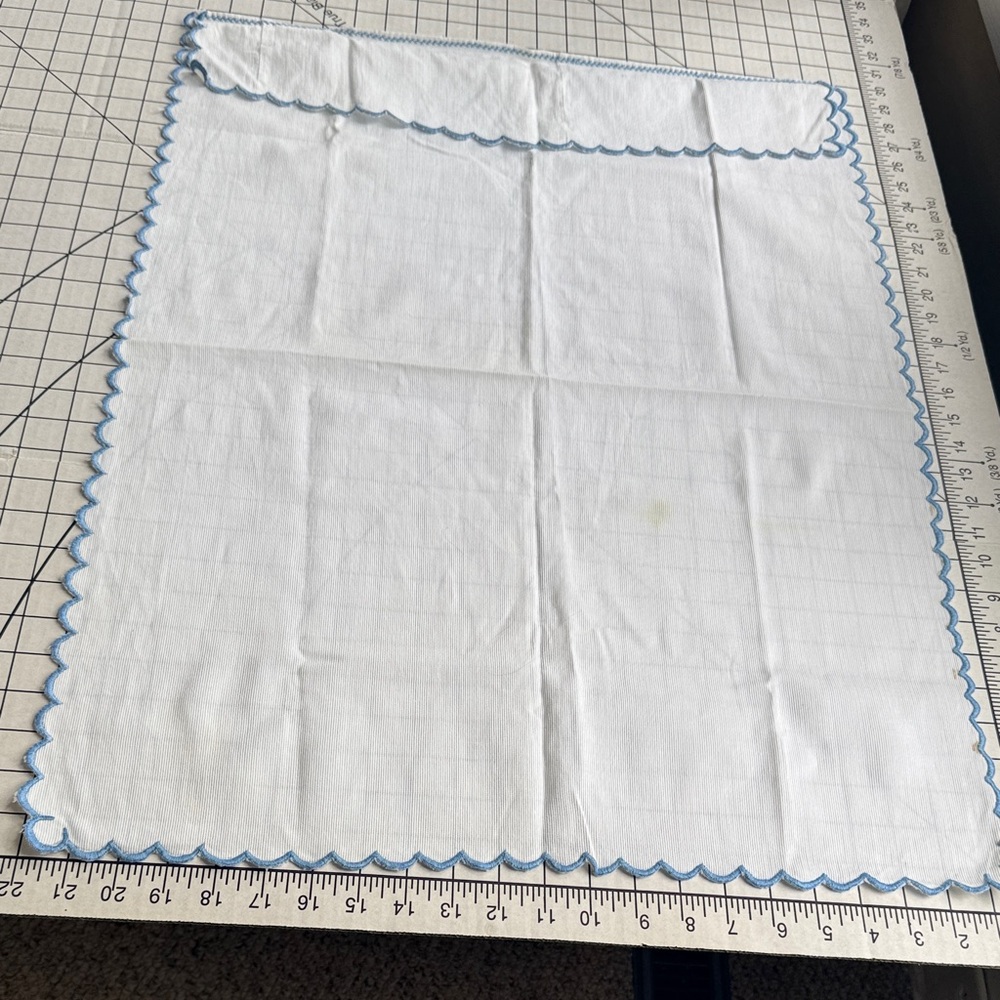 Vintage Baby Nursery Dresser Scarf – White Cotton with Blue Scalloped Edge